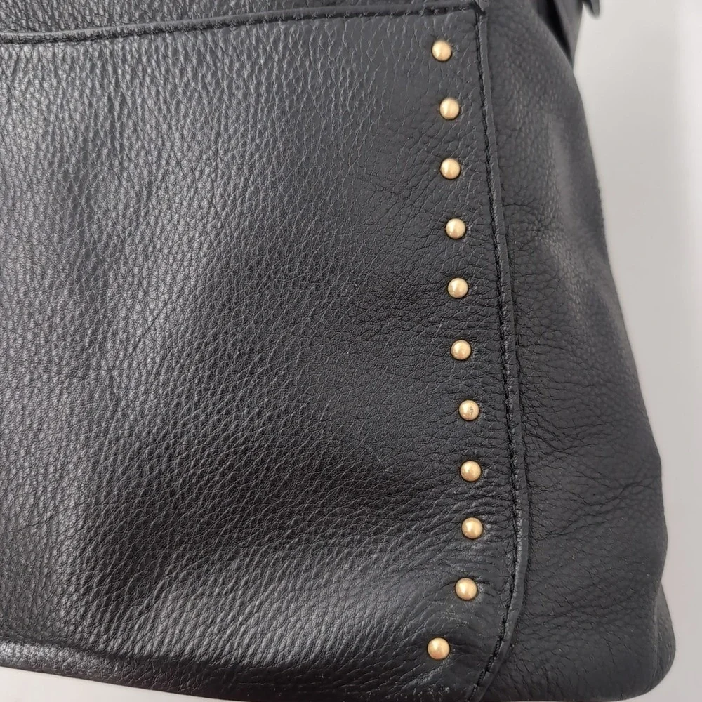 Rolfs Black Cowhide Leather Studded Hobo Shoulder Bag Gold Hardware
